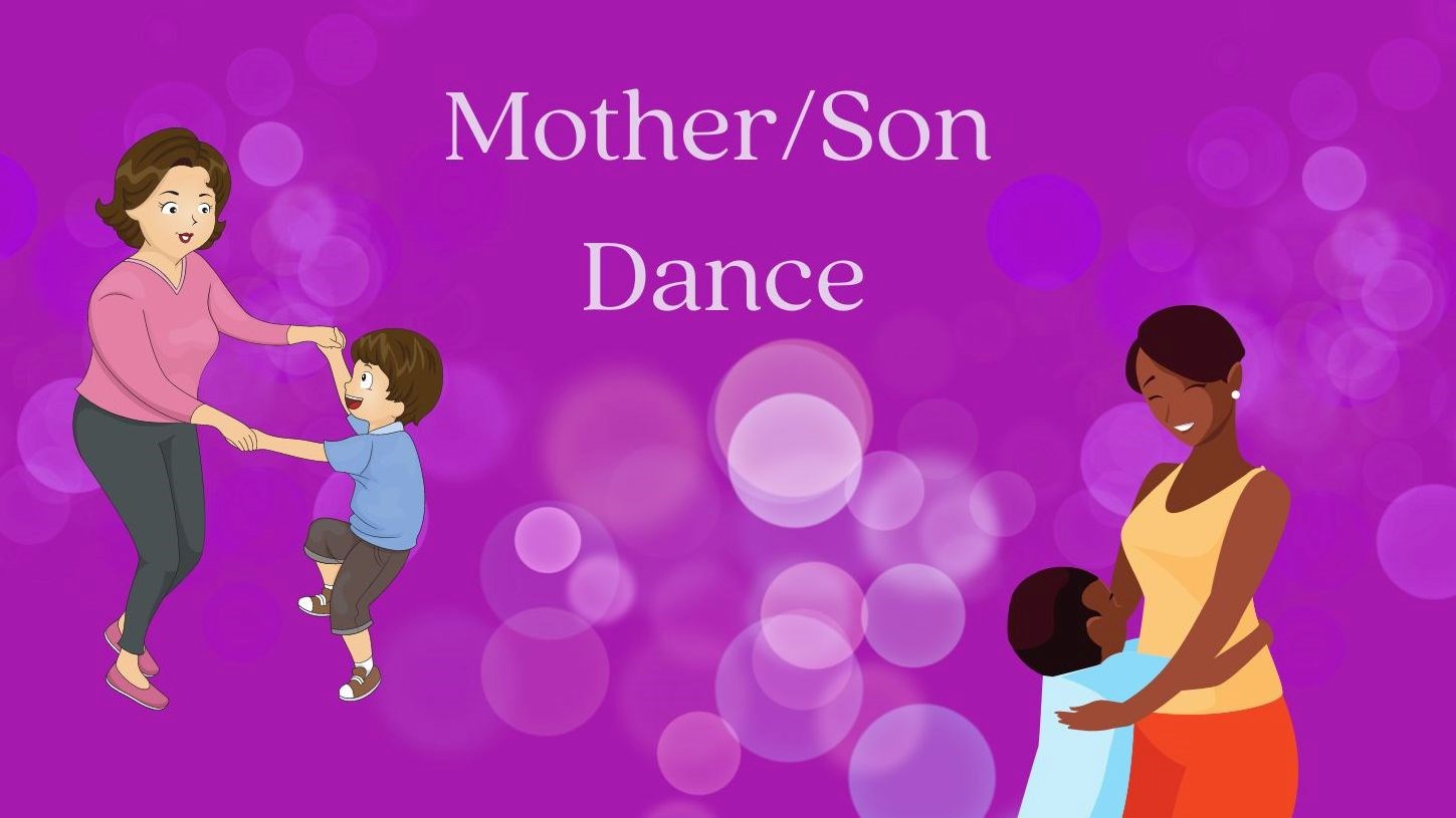 mothers and sons dancing with a purple background and the words "Mother/Son Dance"